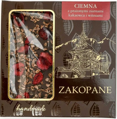 Zakopiańska ciemna czekolada z prażonymi ziarnami kakaowca i wiśniami 85g