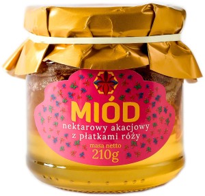 Zbójecki Miód nektarowy akacjowy z płatkami róży 210g