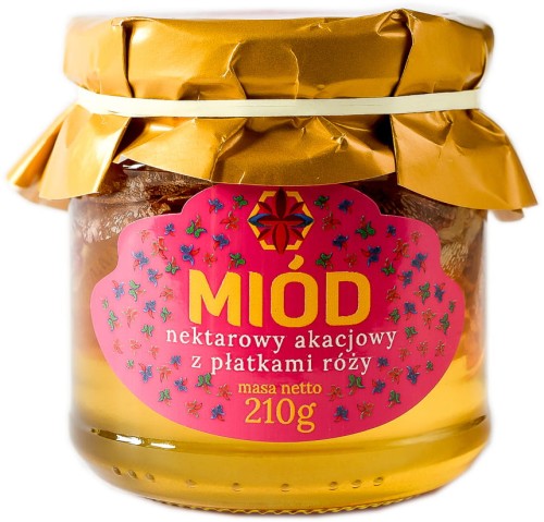 Zbójecki Miód nektarowy akacjowy z płatkami róży 210g