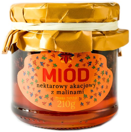 Zbójecki Miód nektarowy akacjowy z malinami 210g